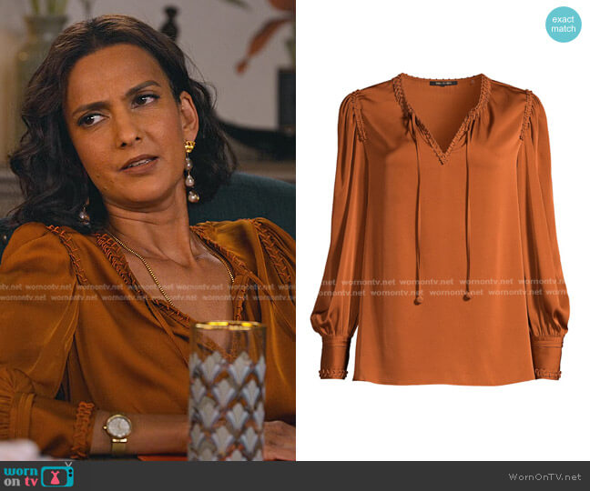 Kobi Halperin Alessandra Drawstring Chiffon-Silk Blouse worn by Nalini Vishwakumar (Poorna Jagannathan) on Never Have I Ever