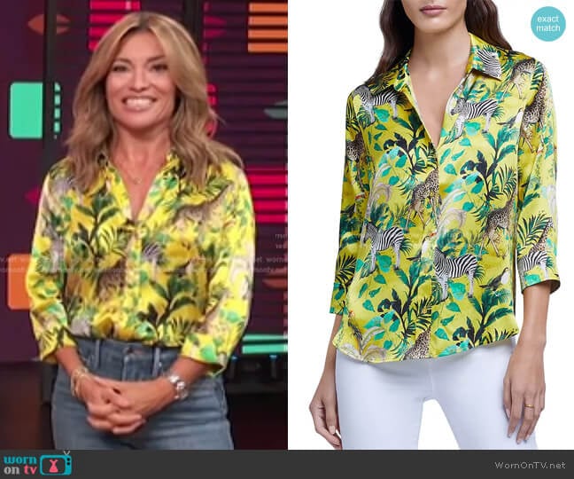 L'Agence Dani Veldt Print Silk Blouse worn by Kit Hoover on Access Hollywood