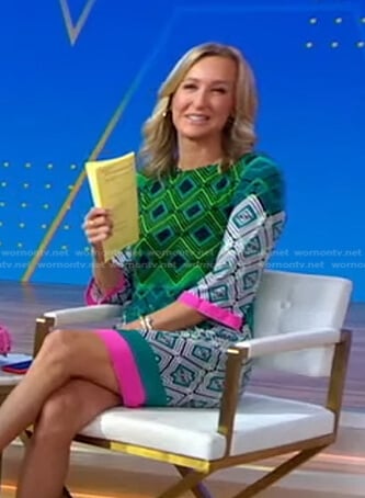 Lara’s multicolor geometric print shift dress on Good Morning America