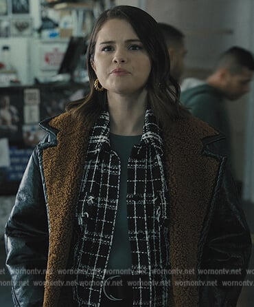 Mabel’s black leather shearling coat on Only Murders in the Building