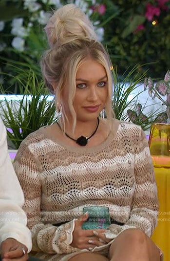 Leah’s beige striped crochet knit dress on Love Island USA