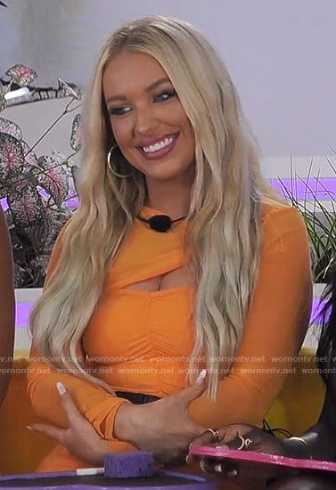 Mady’s orange mesh sleeve dress on Love Island USA