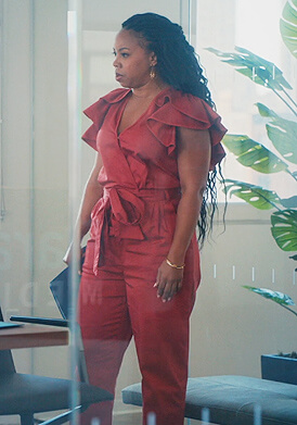 Malika’s red ruffled jumpsuit on Everythings Trash