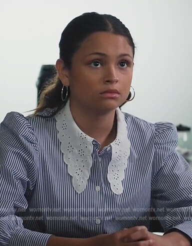 Mandy’s blue striped top with lace collar on All Rise