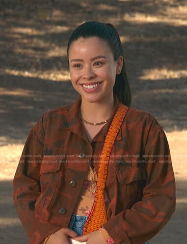 Mariana’s orange camo cropped jacket on Good Trouble
