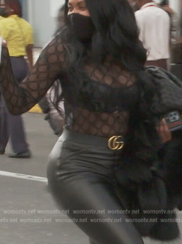 Marlo’s Gucci logo sheer top on The Real Housewives of Atlanta