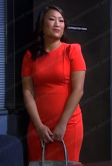 Melinsa’s red short sleeve sheath dress on Days of our Lives