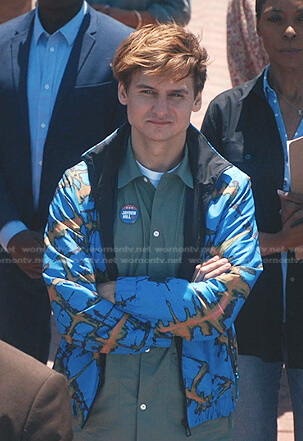 Michael’s blue printed jacket on Everythings Trash