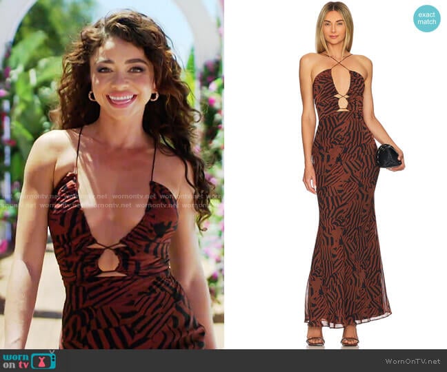 Misha Collection Lynette Gown in Mosaic Zebra worn by Sarah Hyland on Love Island USA