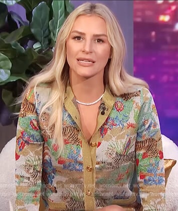 Morgan’s tiger print metallic cardigan on E! News Nightly Pop