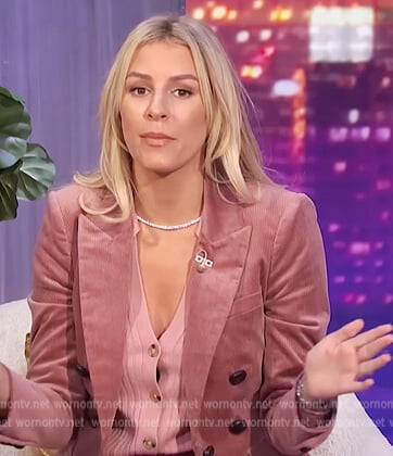 Morgan’s pink corduroy blazer and pink cardigan on E! News Nightly Pop