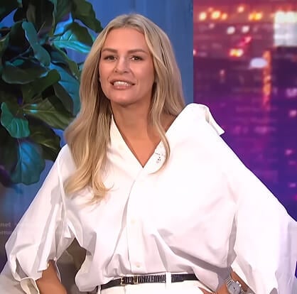 Morgan’s white asymmetric shirt on E! News Nightly Pop