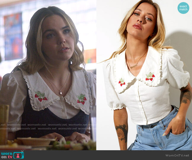 Motel Tucci Top in White Strawberry Embro worn by Imogen Adams (Bailee Madison) on Pretty Little Liars Original Sin