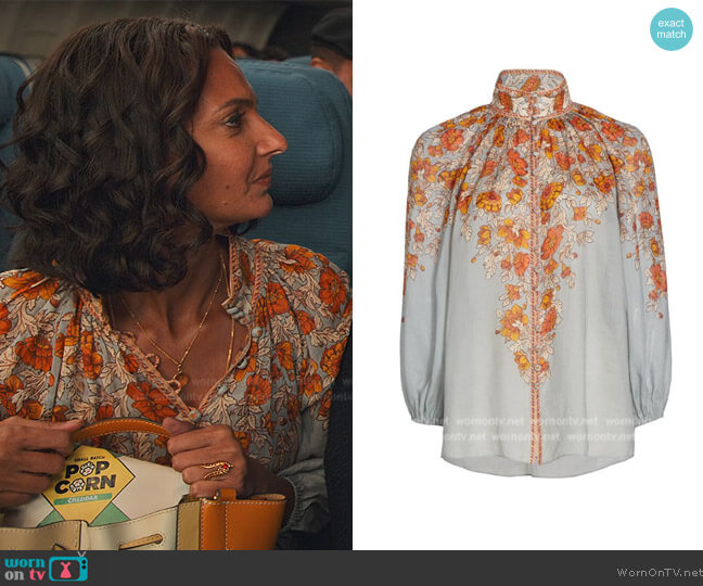 Zimmermann Andie Billow Blouse worn by Nalini Vishwakumar (Poorna Jagannathan) on Never Have I Ever