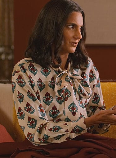 Nalini’s white print tie neck blouse on Never Have I Ever