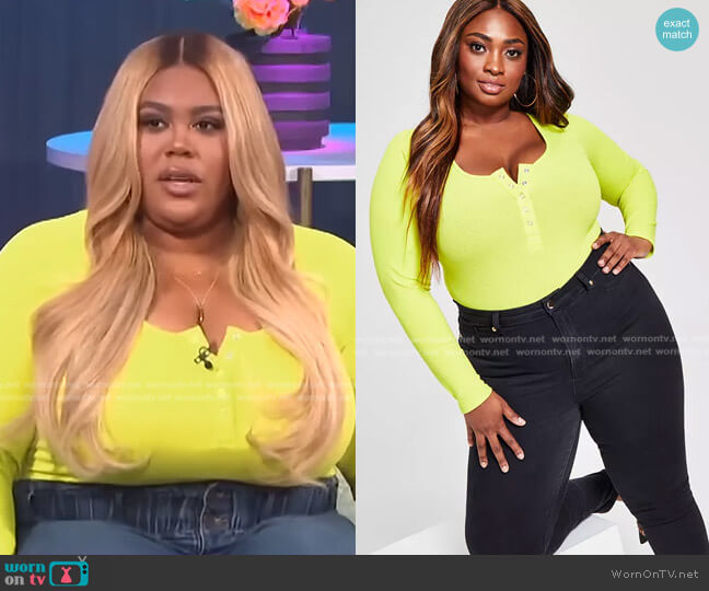 Nina Parker Trendy Plus Size Ribbed Henley Bodysuit worn by Nina Parker on E! News