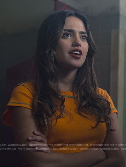 Noa’s orange t-shirt with green stitching on Pretty Little Liars Original Sin
