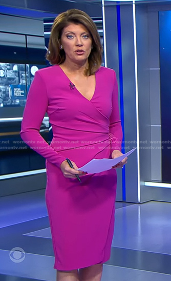 Norah’s pink ruched sheath dress on CBS Evening News