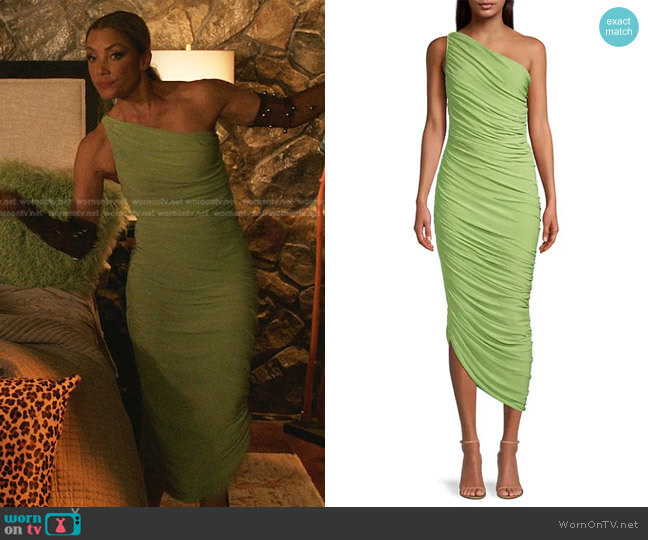 Norma Kamali Diana Ruched One-Shoulder Gown in Gemini Green worn by Dominique Deveraux (Michael Michele) on Dynasty