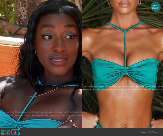 Oh Polly Laki Bikini Top in Teal worn by Zeta Morrison on Love Island USA