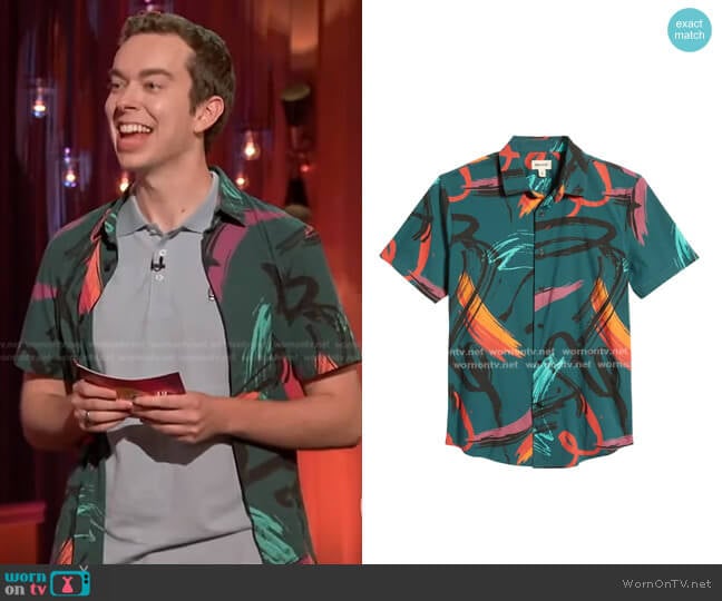 Open Edit Brush Stroke Short Sleeve Stretch Cotton Button-Up Shirt worn by Parker Coppins on Generation Gap