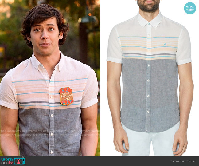 Original Penguin Cotton-Blend Color-Blocked Engineered Stripe Slim Fit Button-Down Shirt worn by EJ (Matt Cornett) on High School Musical The Musical The Series