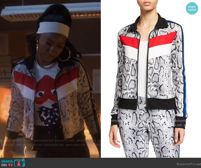Pam & Gela Snake-Print Colorblock Track Jacket worn by Annika (Justine Skye) on Grown-ish