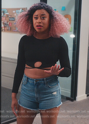 Phoebe’s black cropped tie front top on Everythings Trash
