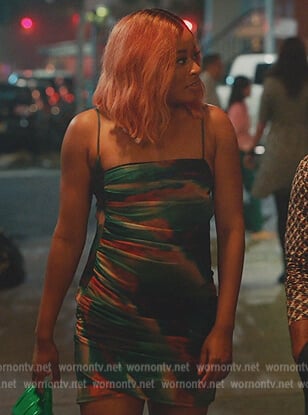 Phoebe’s tie dye ruched mini dress on Everythings Trash
