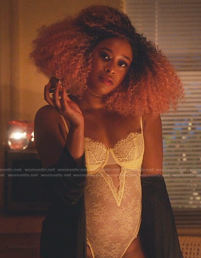 Phoebe’s yellow lace bodysuit on Everythings Trash