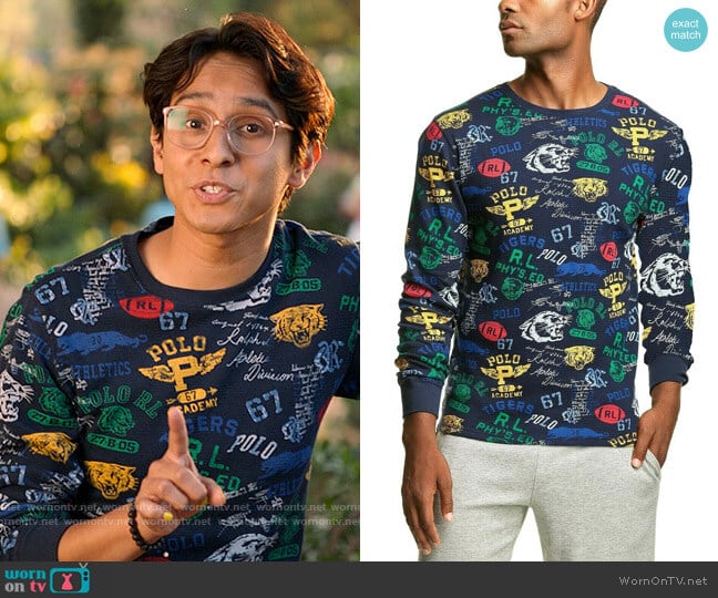 Polo Ralph Lauren Varsity Stamp Print Waffle Knit Thermal Crewneck Shirt worn by Carlos Rodriguez (Frankie A. Rodriguez) on High School Musical The Musical The Series