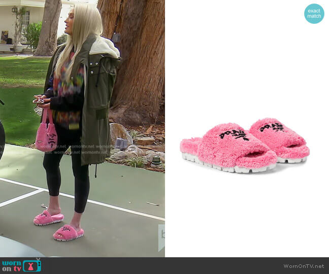 Prada Cozy Logo Slide Sandals worn by Erika Jayne on The Real Housewives of Beverly Hills