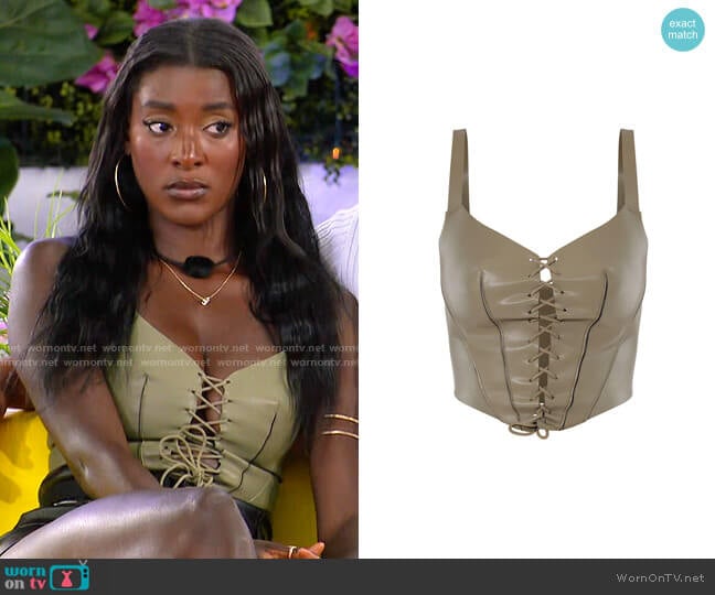 Pretty Little Thing Olive Faux Leather Sweetheart Lace Up Corset worn by Zeta Morrison on Love Island USA