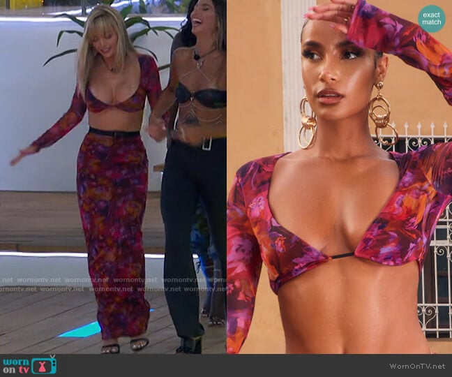 Pretty Little Thing Pink Floral Printed Mesh Long Sleeve Bralet worn by Mackenzie Dipman on Love Island USA