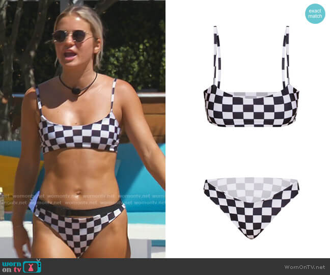 Pretty Little Thing Black Checker Board Low Scoop Bikini Top worn by Deb Chubb on Love Island USA