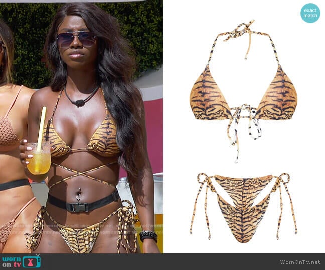 Pretty Little Thing Brown Tiger Adjustable String Tie Padded Triangle Bikini worn by Sereniti Springs on Love Island USA