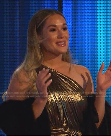 Rachel’s metallic one shoulder maxi dress on The Bachelorette