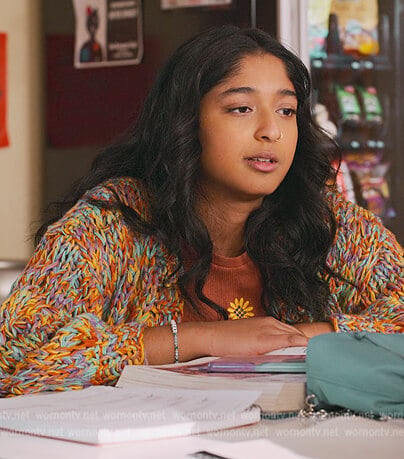 Devi’s rainbow knit cardigan on Never Have I Ever