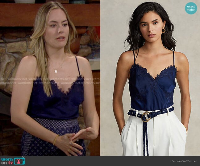 Polo Ralph Lauren Lace-Trim Satin Camisole worn by Hope Logan (Annika Noelle) on The Bold and the Beautiful