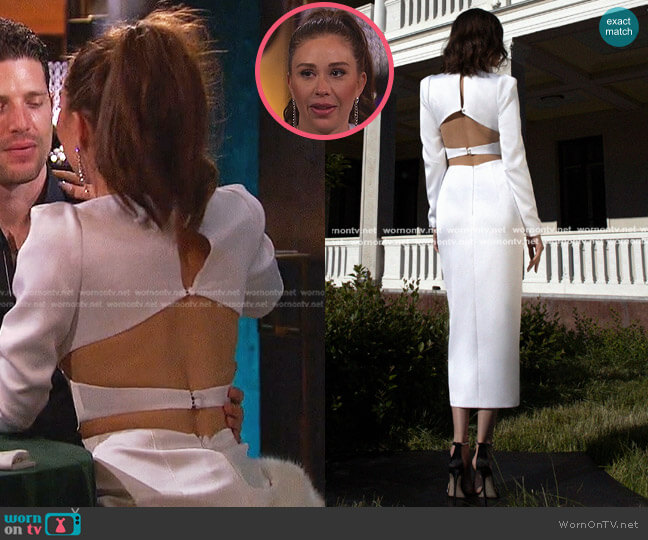 Rasario Button-Embellished Satin Midi Dress worn by Gabriela Windey on The Bachelorette