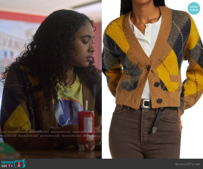 Re/Done 90s Cardigan in Caramel Navy Argle worn by Tabitha 'Tabby' Hayworth (Chandler Kinney) on Pretty Little Liars Original Sin