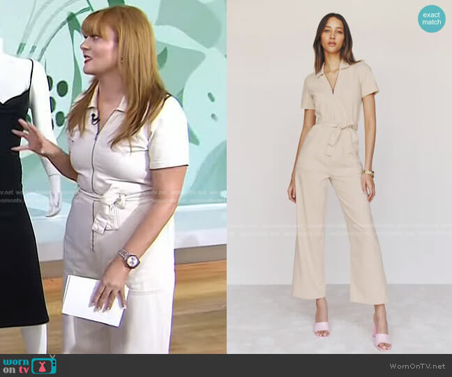 Reformation Cassidy Denim Jumpsuit in Almond worn by Samantha Barry on Today