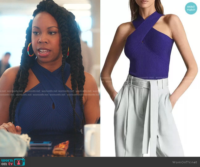 Reiss Lily Crossover Rib Halter Tank worn by Malika (Toccarra Cash) on Everythings Trash