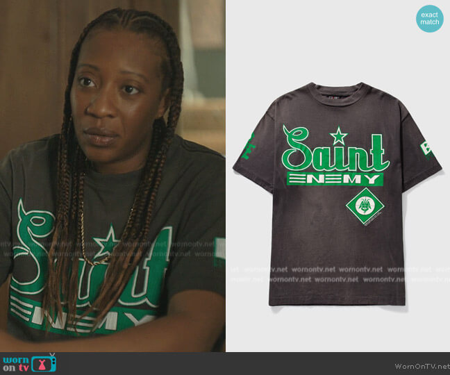 Saint Michael Saint Enemy Printed T Shirt worn by Dre (Miriam A. Hyman) on The Chi