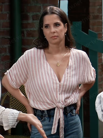 Sam’s pink striped tie front top on General Hospital