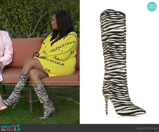 Schutz Maryana Zebra Calf Hair Tall Pointed-Toe Boots worn by Garcelle Beauvais on The Real Housewives of Beverly Hills