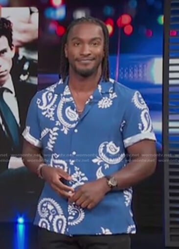 Scott’s blue paisley print shirt on Access Hollywood