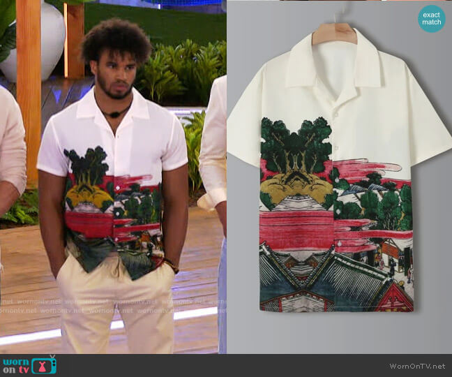 Landscape Print Button Through Shirt from Shein worn by Chazz Bryant on Love Island USA