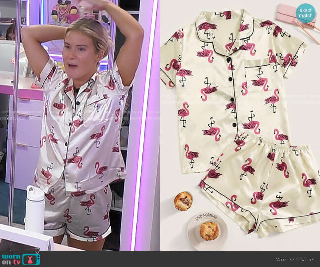 Shein Flamingo Print Satin Pajama Set worn by Deb Chubb on Love Island USA
