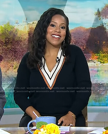 Sheinelle’s black v-neck varsity sweater on Today